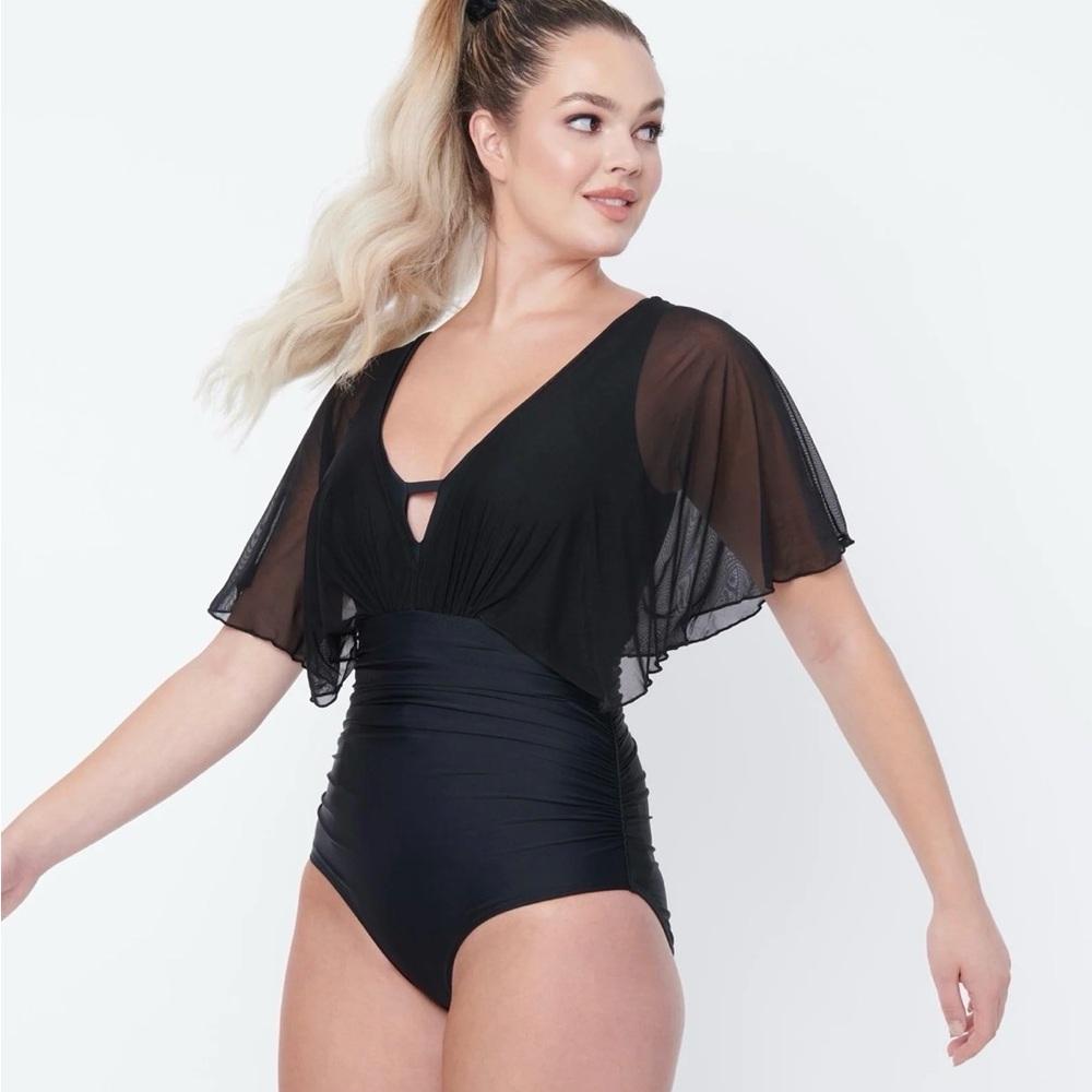 Unique Vintage Black mesh sleeved Torrey swimsuit sz L retro vintage